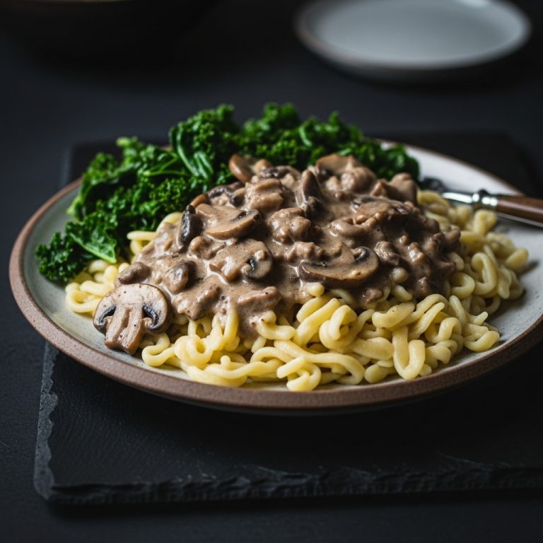 Creamy German Vegetarian Spätzle with Mushroom Gravy and Sautéed Kale